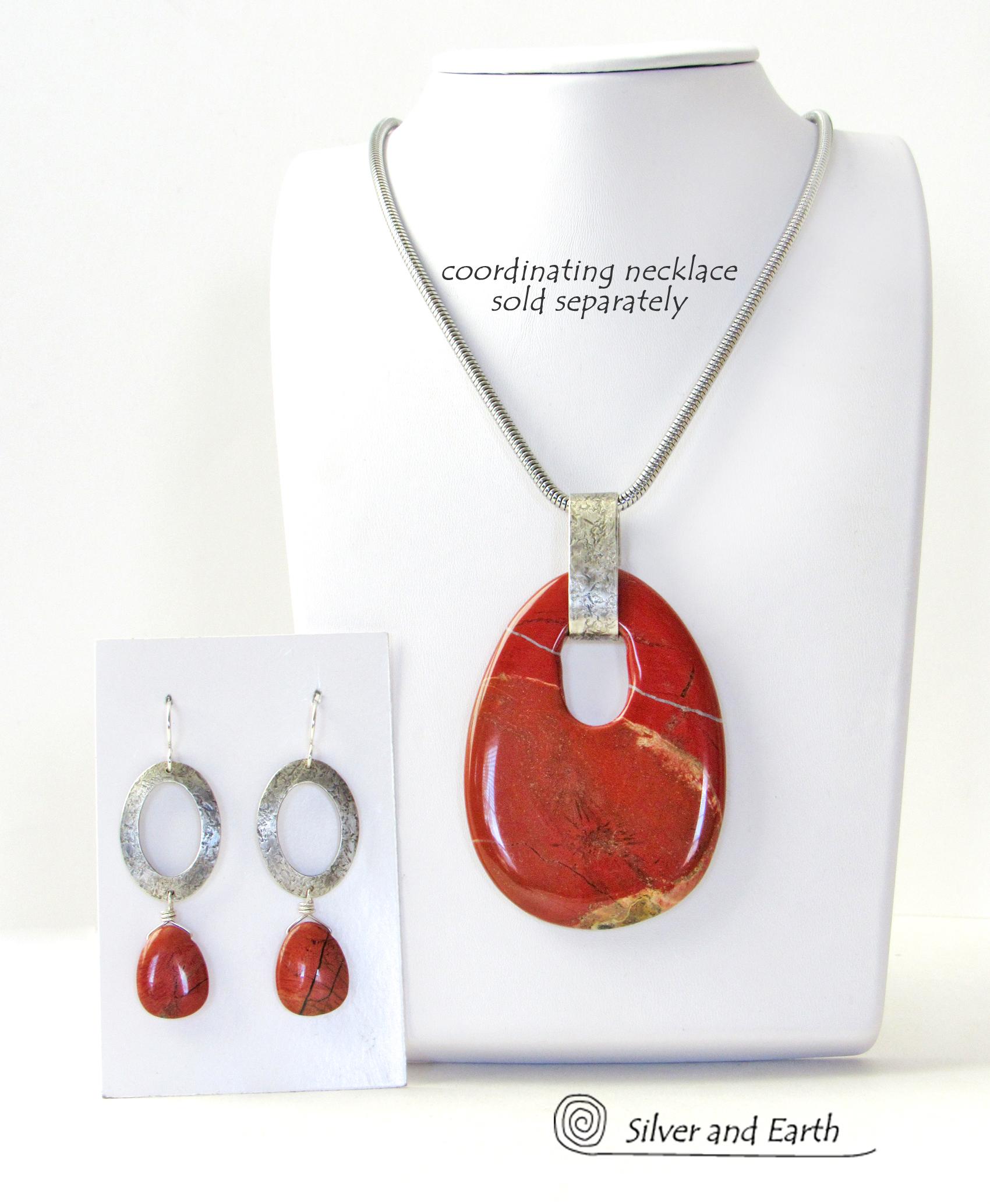 Sterling Silver Oval Hoop Dangle Earrings with Natural Red Jasper Stones