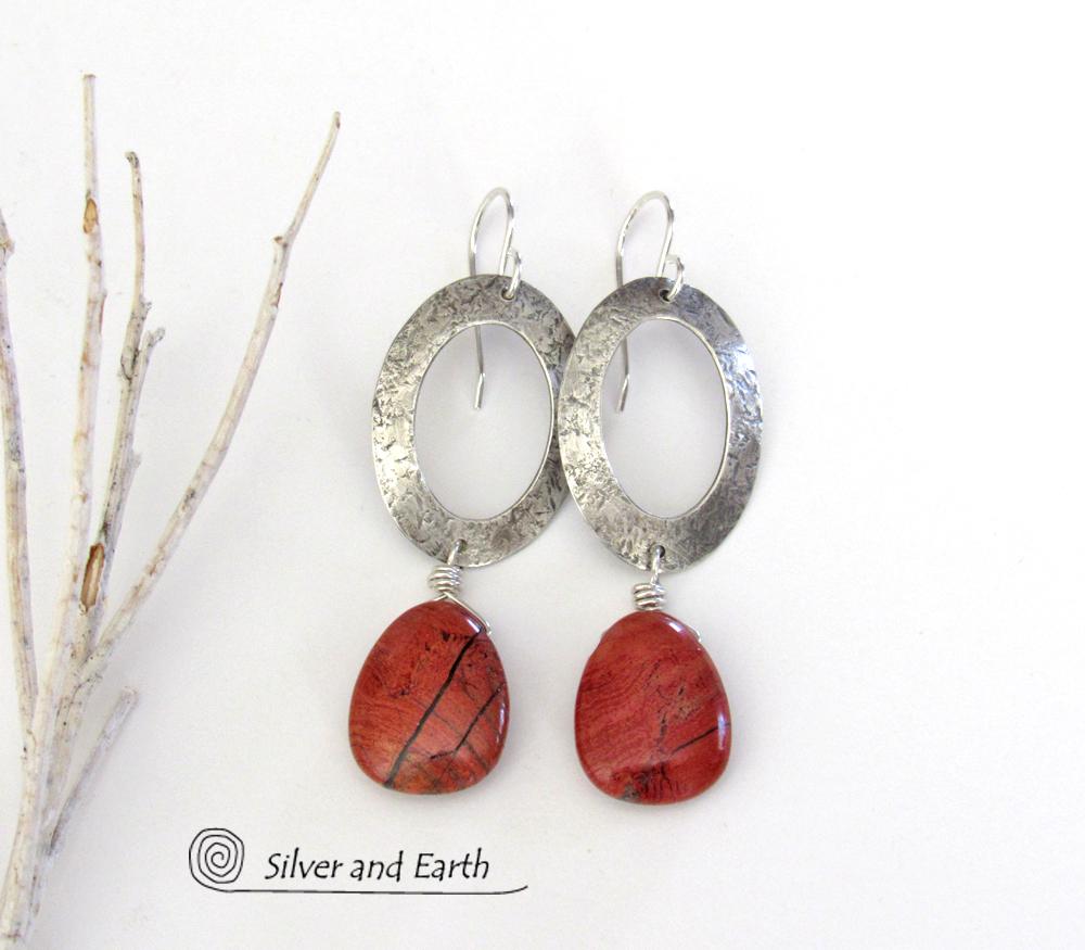 Sterling Silver Oval Hoop Dangle Earrings with Natural Red Jasper Stones