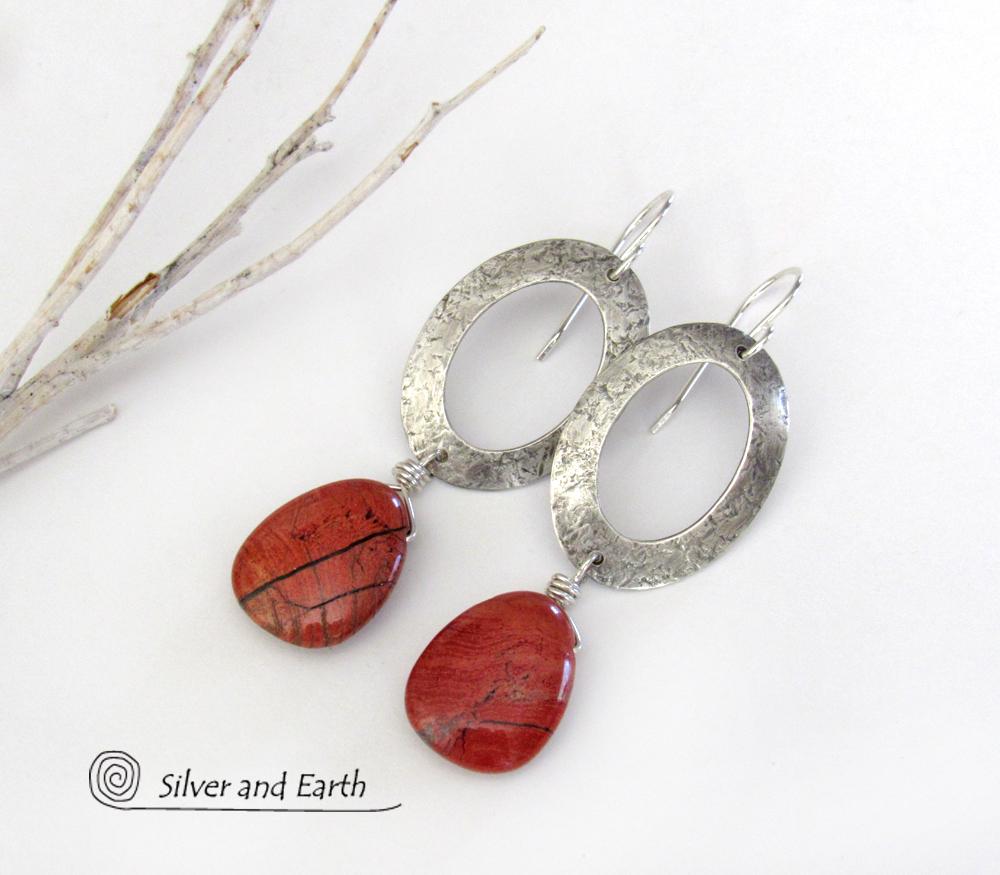 Sterling Silver Oval Hoop Dangle Earrings with Natural Red Jasper Stones