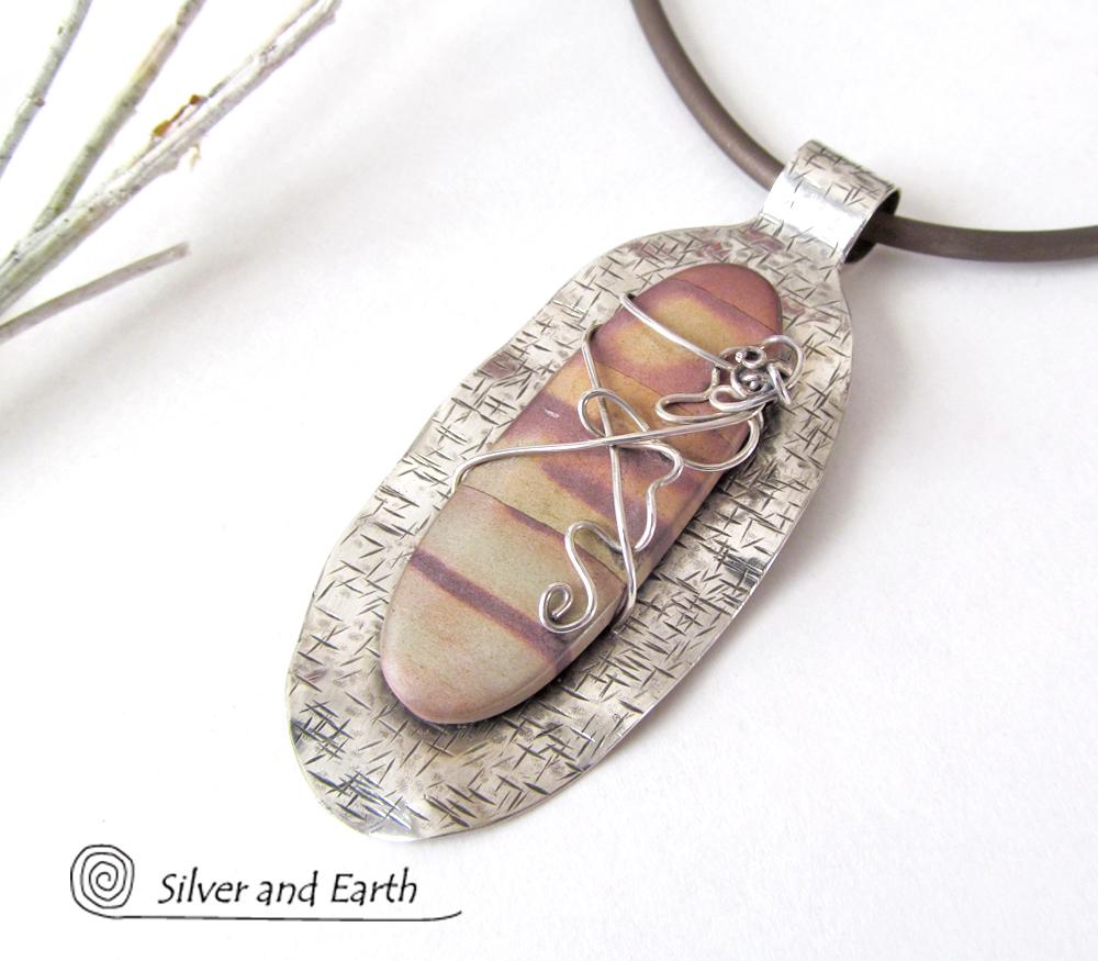 Sterling Silver Pendant Necklace with Natural Picture Jasper Stone