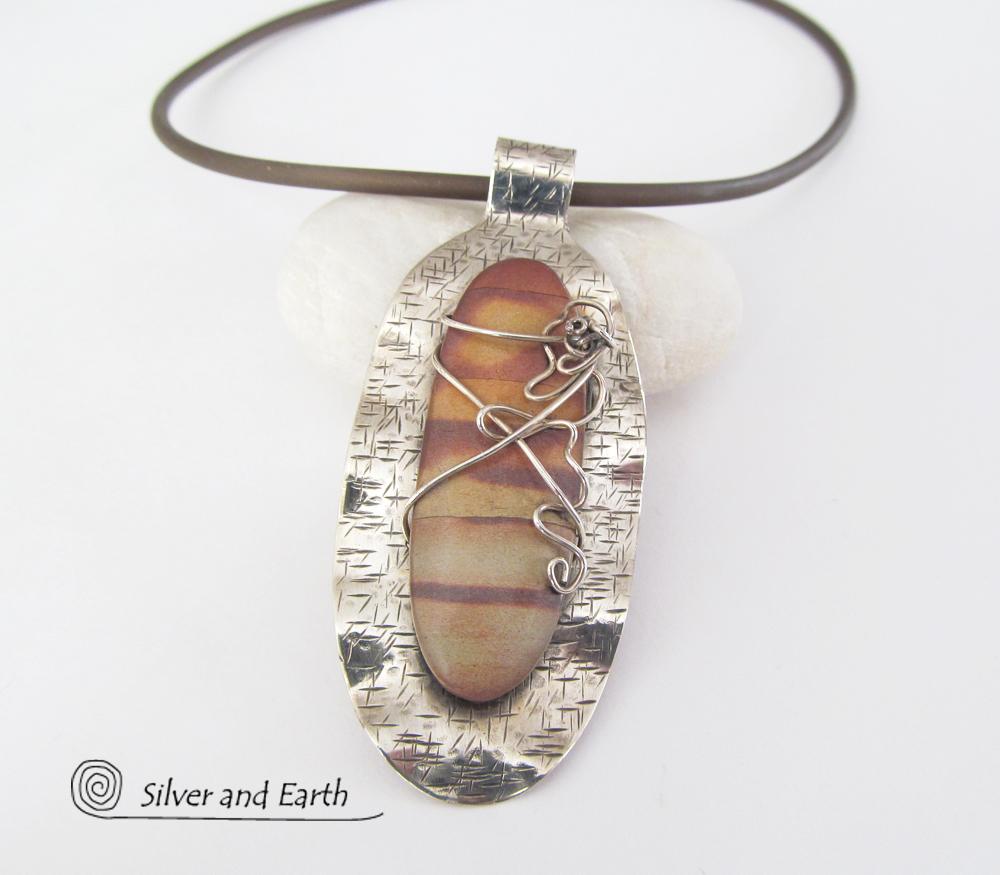 Sterling Silver Pendant Necklace with Natural Picture Jasper Stone