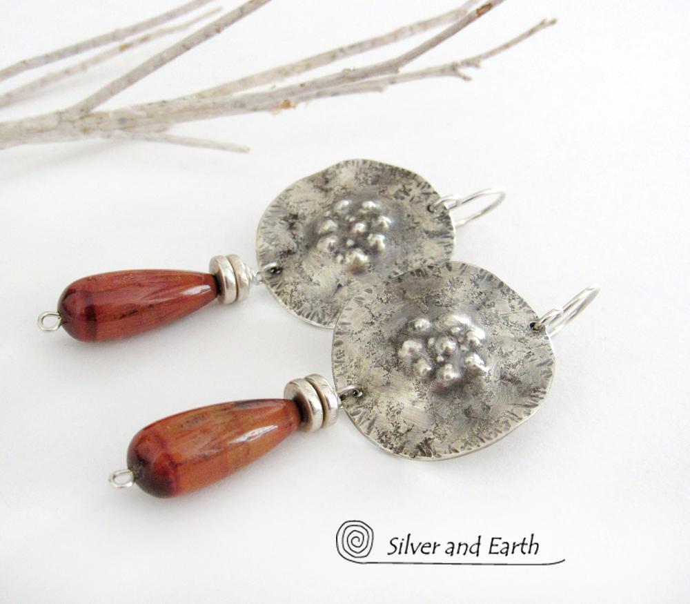 Sterling Silver Earrings with Red Tigers Eye Stones - Unique Sterling Jewelry