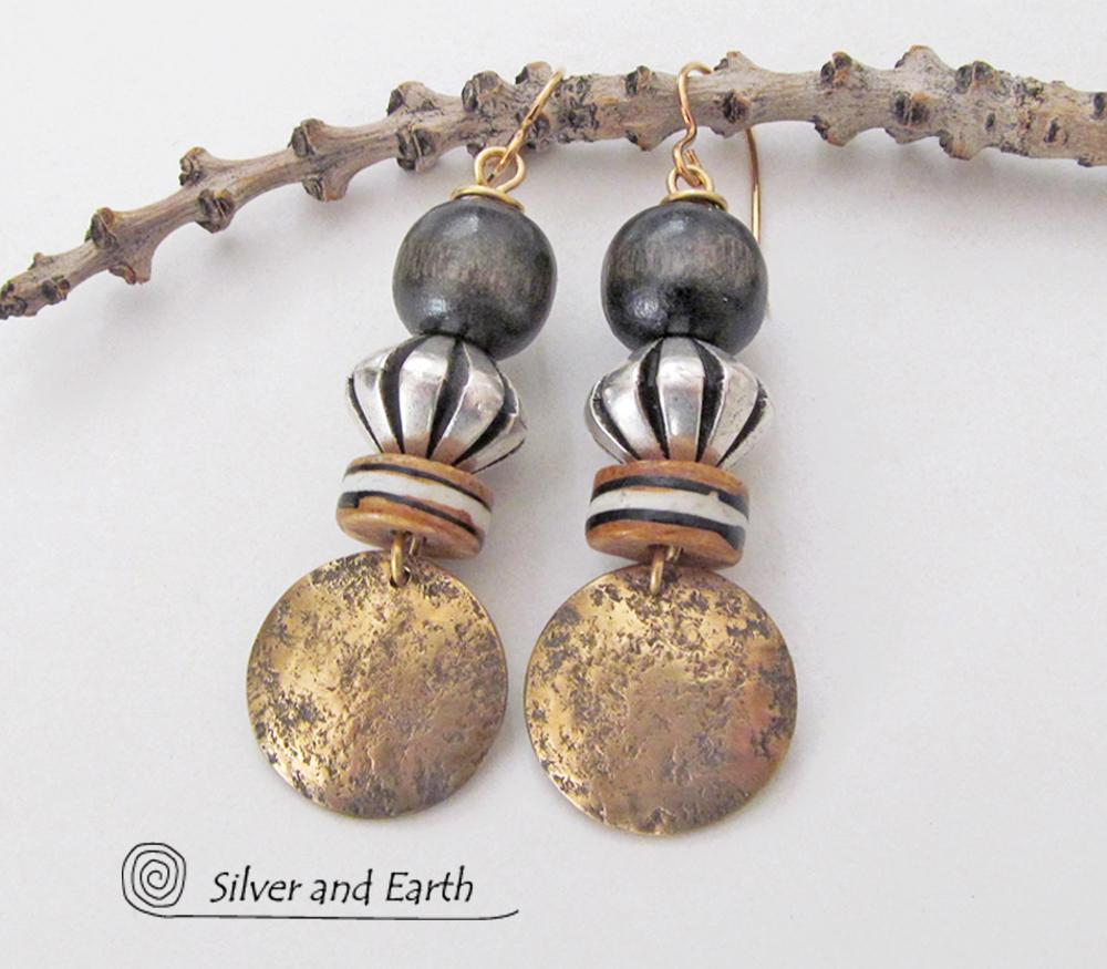 Gold Brass Earrings with African Beads - Boho Chic Tribal Jewelry