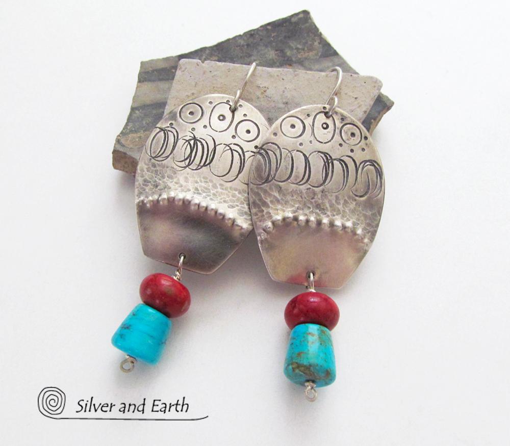 Sterling Silver Earrings with Sleeping Beauty Turquoise & Red Coral