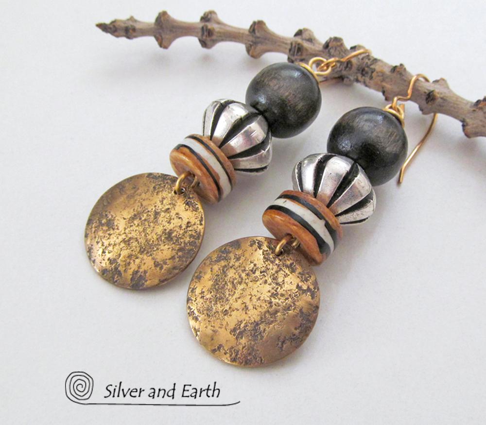 Gold Brass Earrings with African Beads - Boho Chic Tribal Jewelry