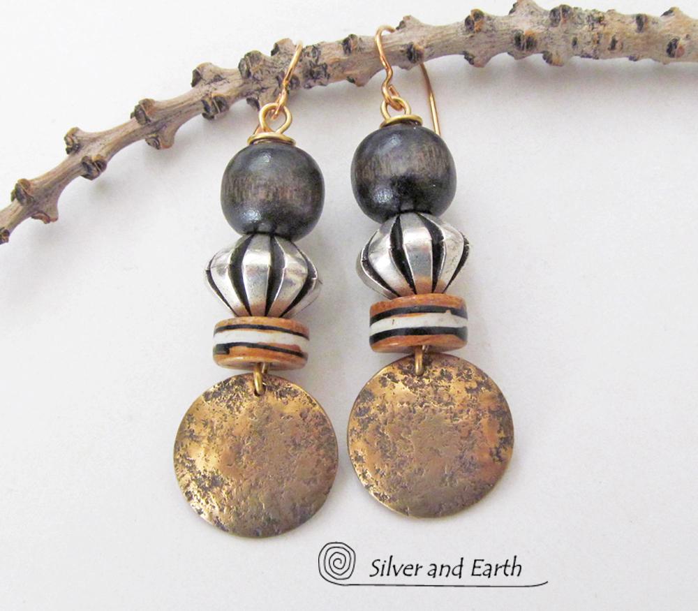 Gold Brass Earrings with African Beads - Boho Chic Tribal Jewelry