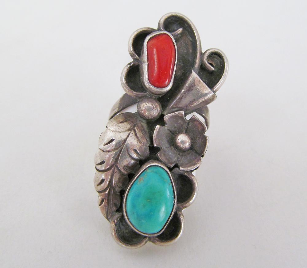 Large Southwestern Sterling Silver Ring with Turquoise and Red Coral