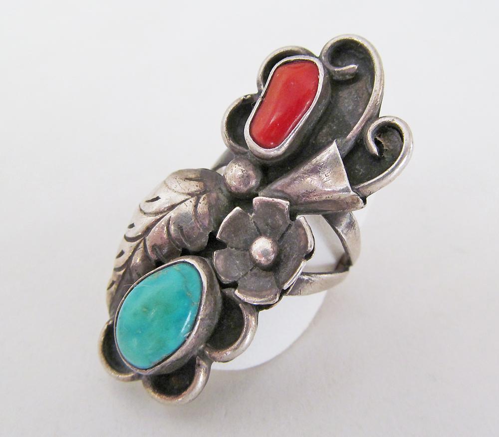 Large Southwestern Sterling Silver Ring with Turquoise and Red Coral