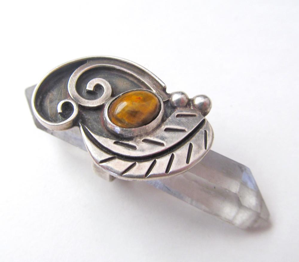 Big Bold Vintage Statement Ring with Sterling Silver Leaf and Tigers Eye Stone