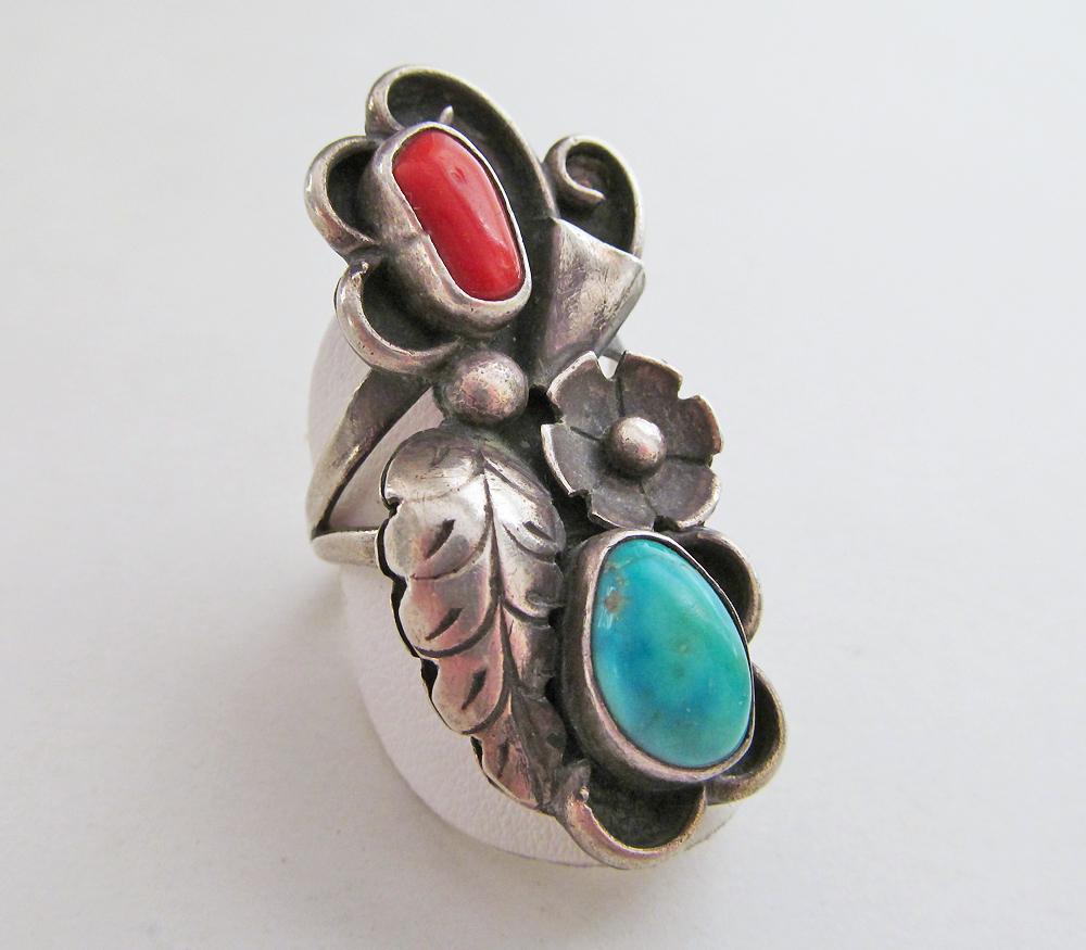 Large Southwestern Sterling Silver Ring with Turquoise and Red Coral