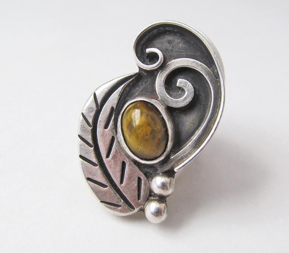 Big Bold Vintage Statement Ring with Sterling Silver Leaf and Tigers Eye Stone