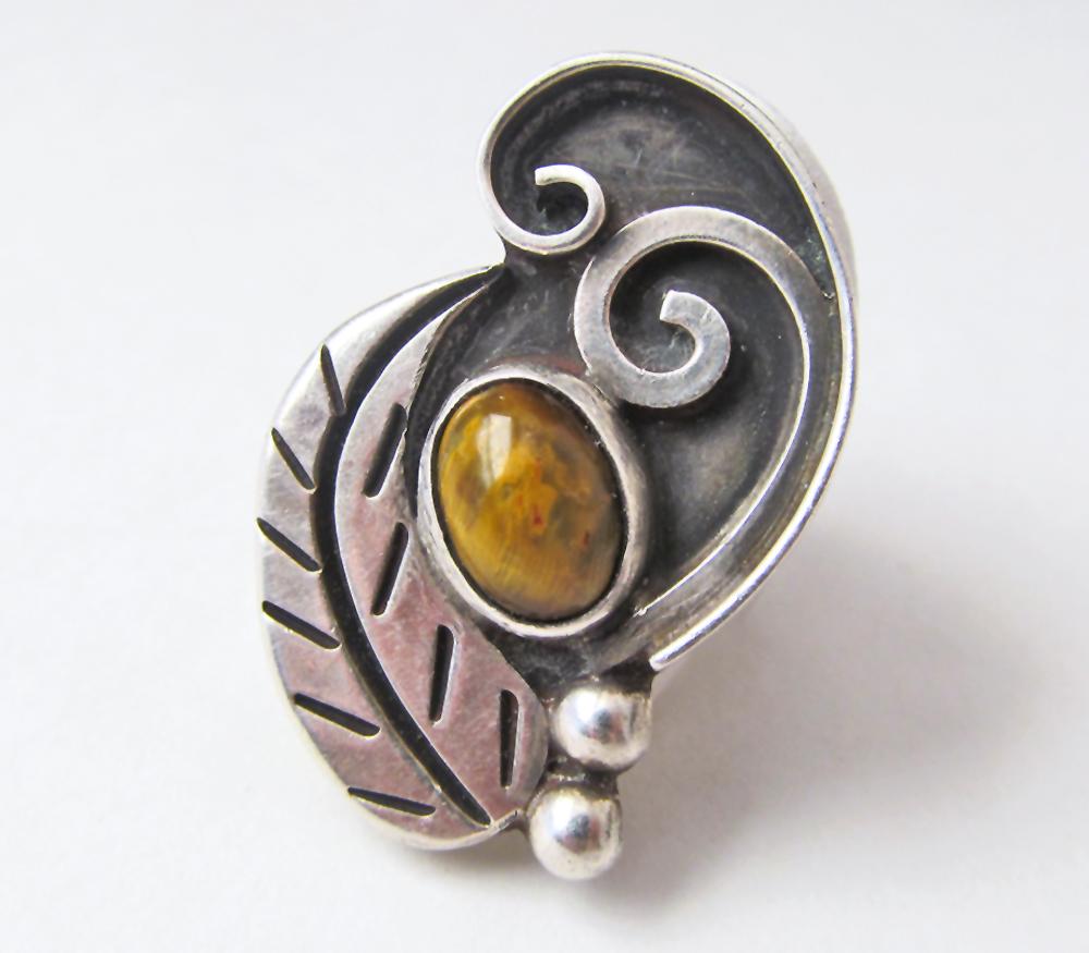 Big Bold Vintage Statement Ring with Sterling Silver Leaf and Tigers Eye Stone