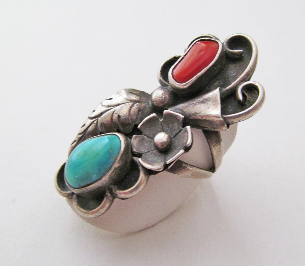 Large Southwestern Sterling Silver Ring with Turquoise and Red Coral