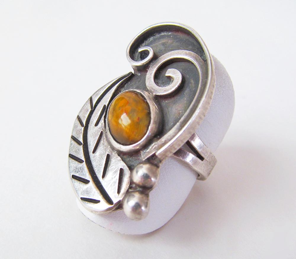 Big Bold Vintage Statement Ring with Sterling Silver Leaf and Tigers Eye Stone