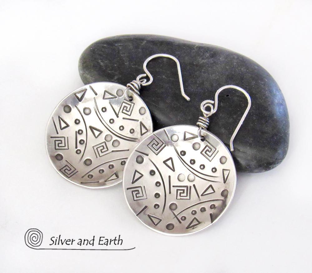 Round Sterling Silver Earrings with Unique Hand Stamped Texture