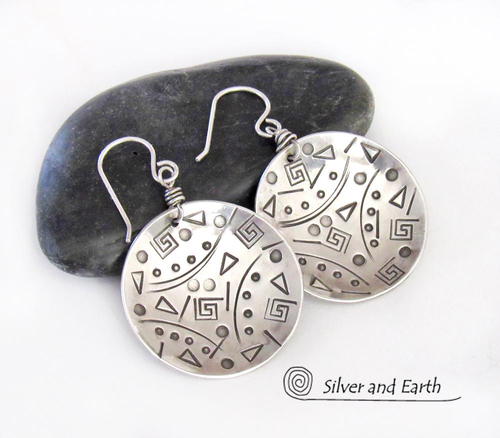 Round Sterling Silver Earrings with Unique Hand Stamped Texture