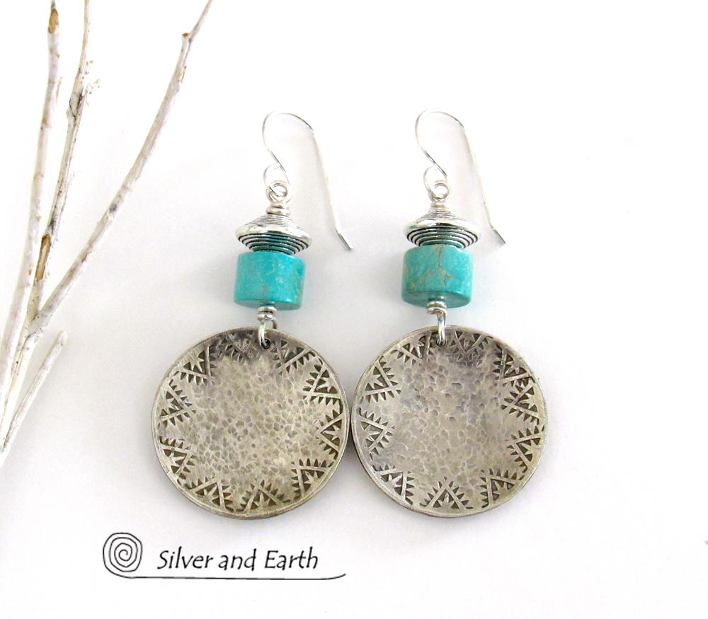 Turquoise Sterling Silver Earrings with Hand Stamped and Hammered Texture