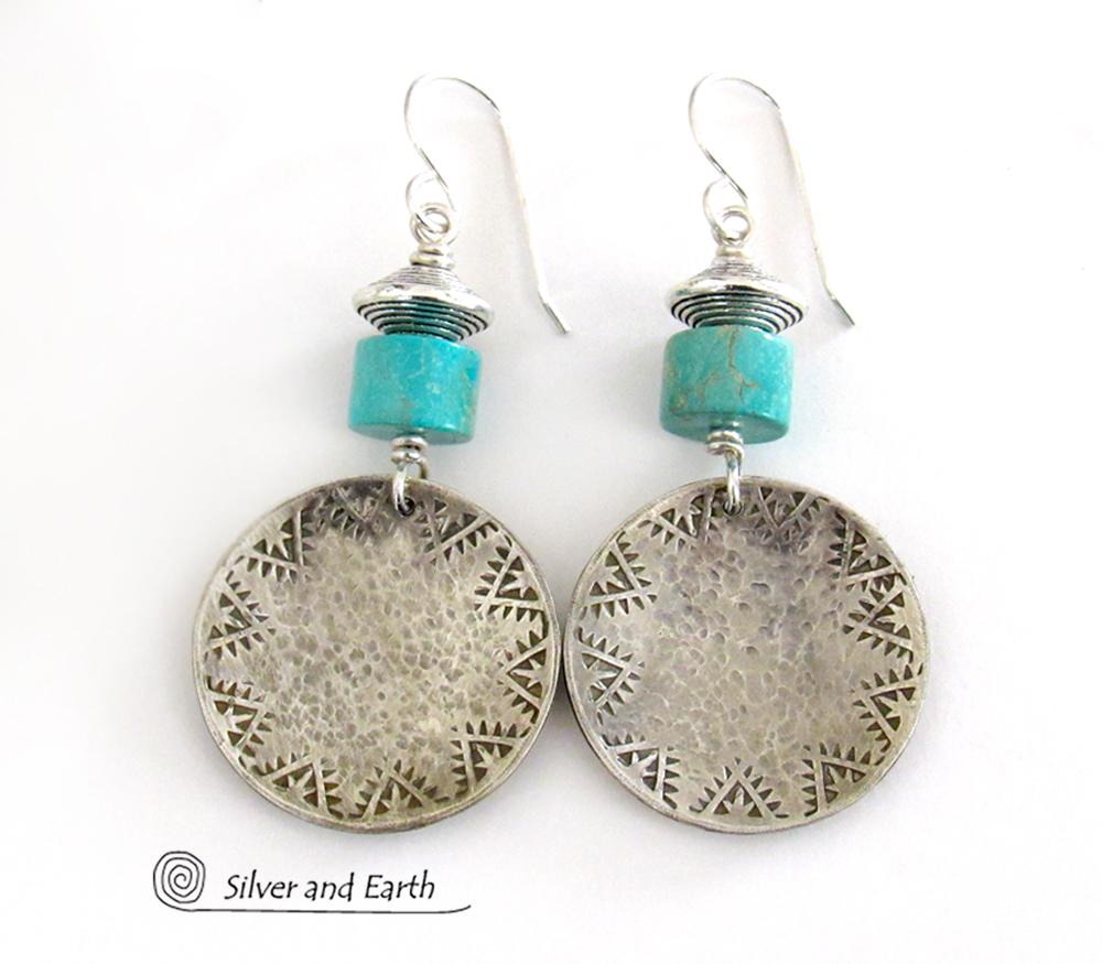 Turquoise Sterling Silver Earrings with Hand Stamped and Hammered Texture