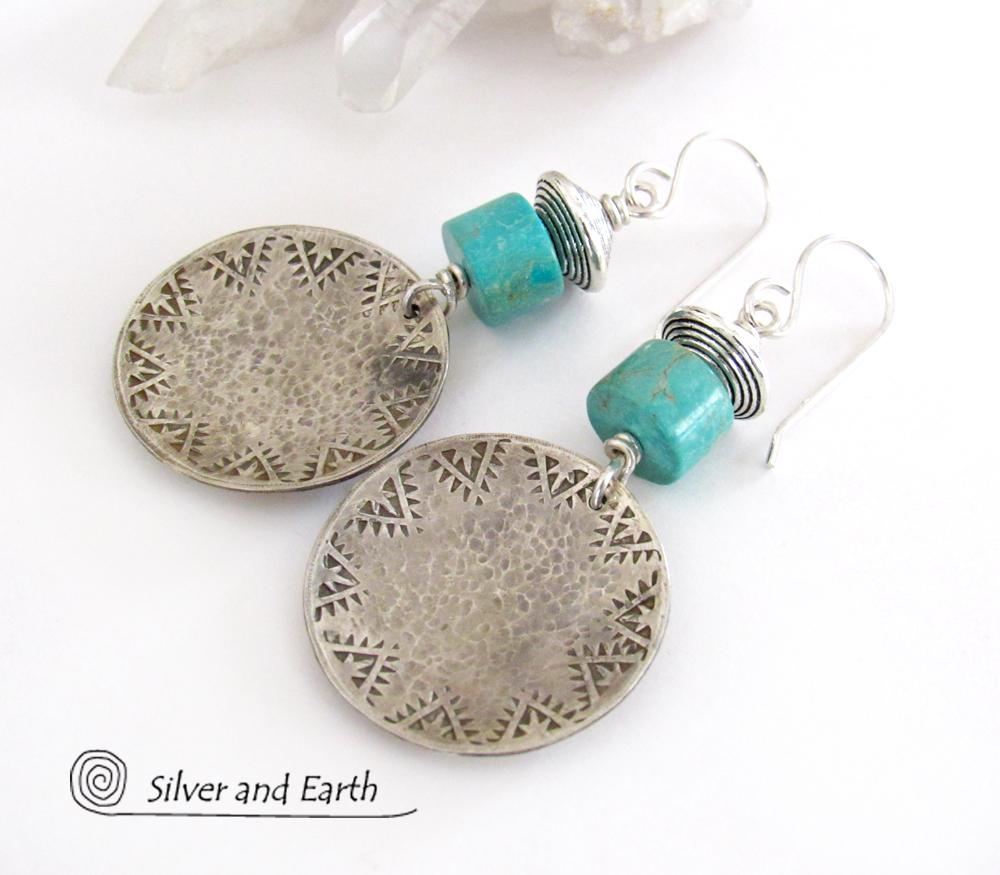 Turquoise Sterling Silver Earrings with Hand Stamped and Hammered Texture