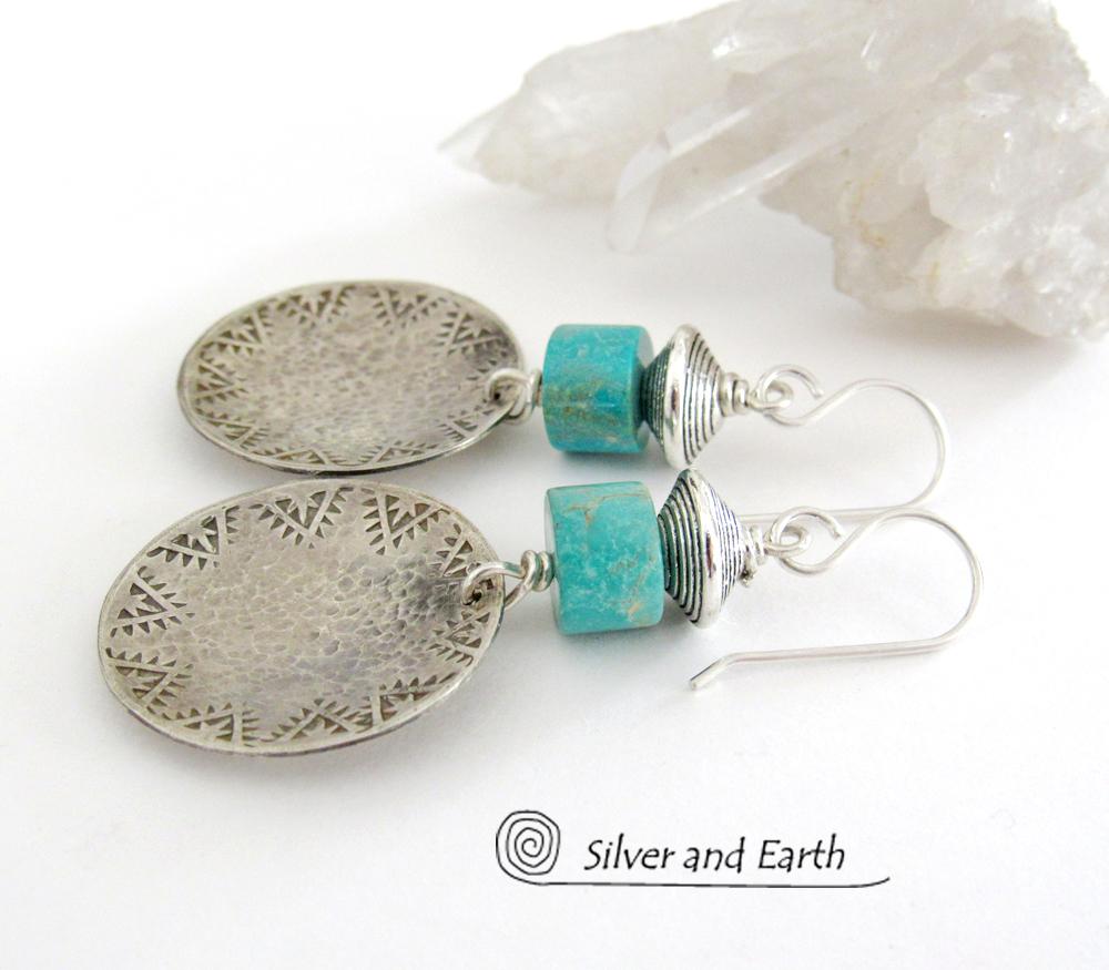 Turquoise Sterling Silver Earrings with Hand Stamped and Hammered Texture