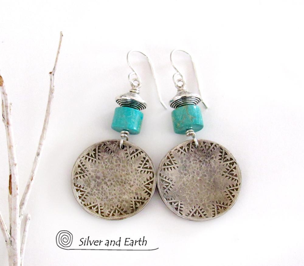 Turquoise Sterling Silver Earrings with Hand Stamped and Hammered Texture