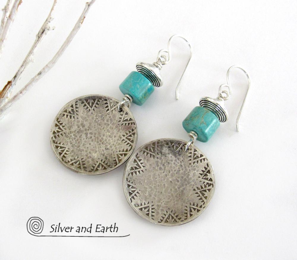 Turquoise Sterling Silver Earrings with Hand Stamped and Hammered Texture