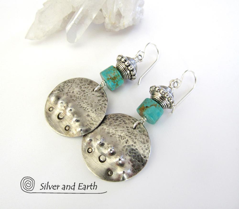 Round Sterling Silver Dangle Earrings with Turquoise - Unique Artisan Jewelry