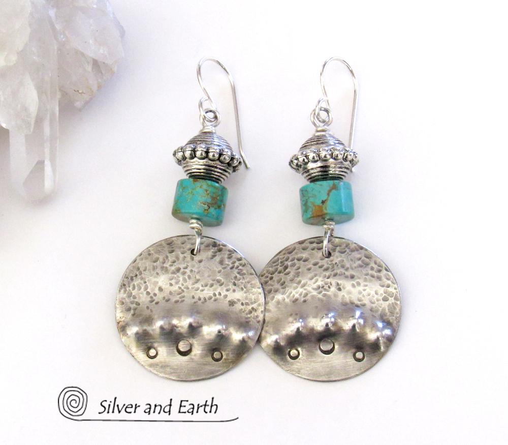 Round Sterling Silver Dangle Earrings with Turquoise - Unique Artisan Jewelry