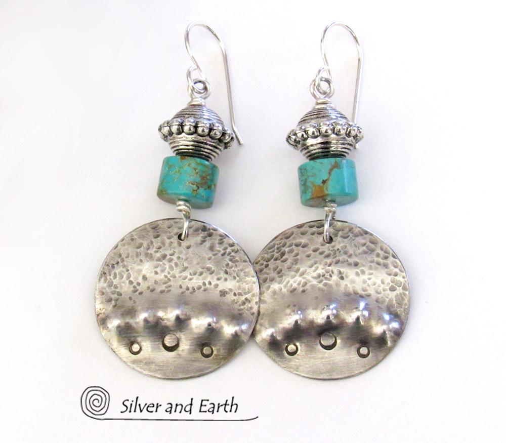 Round Sterling Silver Dangle Earrings with Turquoise - Unique Artisan Jewelry