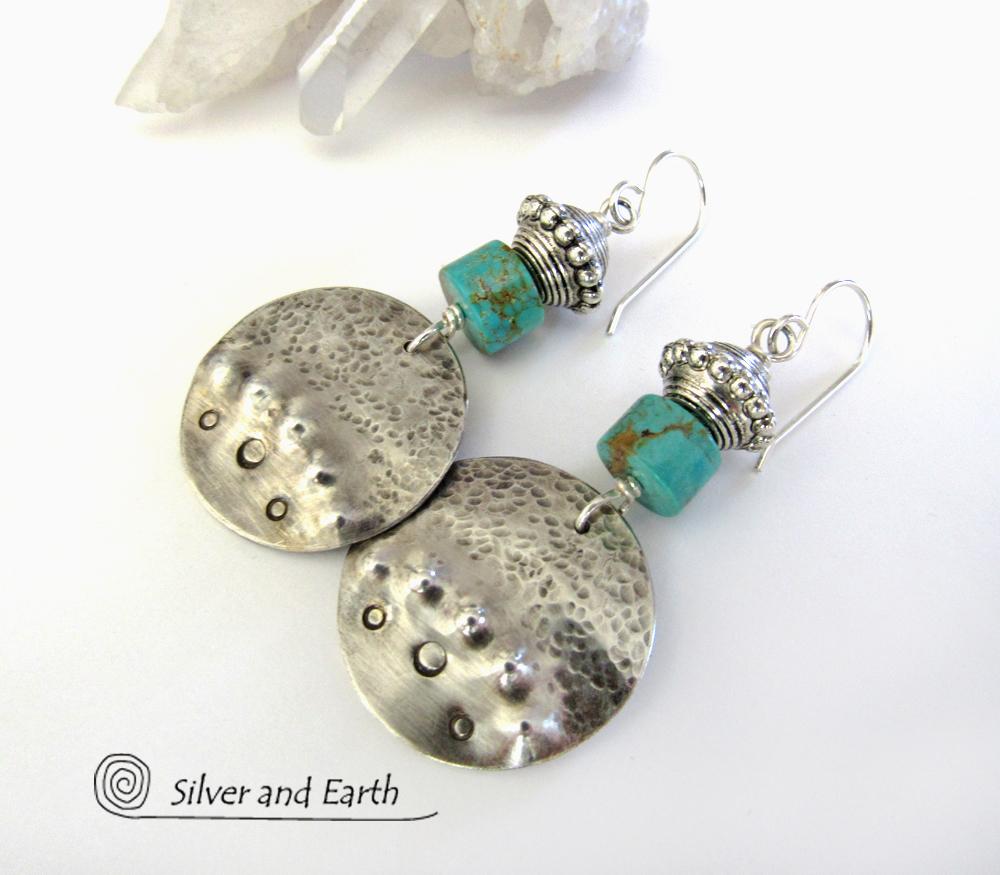 Round Sterling Silver Dangle Earrings with Turquoise - Unique Artisan Jewelry