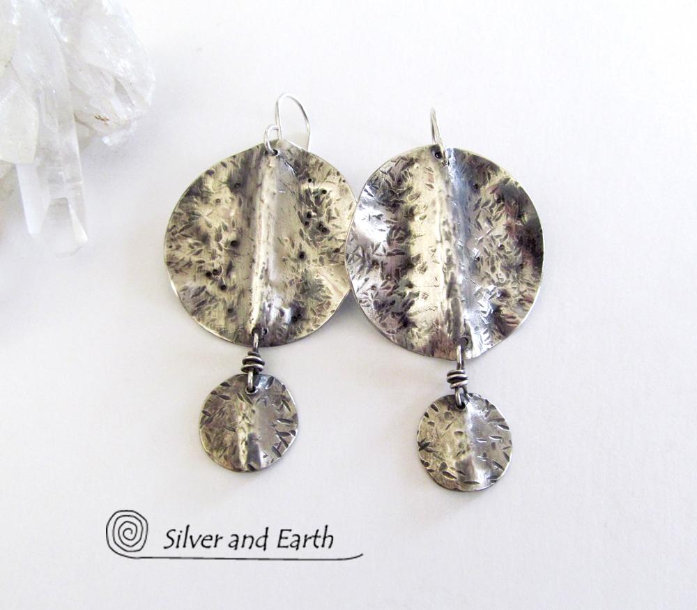 Textured Sterling Silver Dangle Earrings - Modern Silver Jewelry