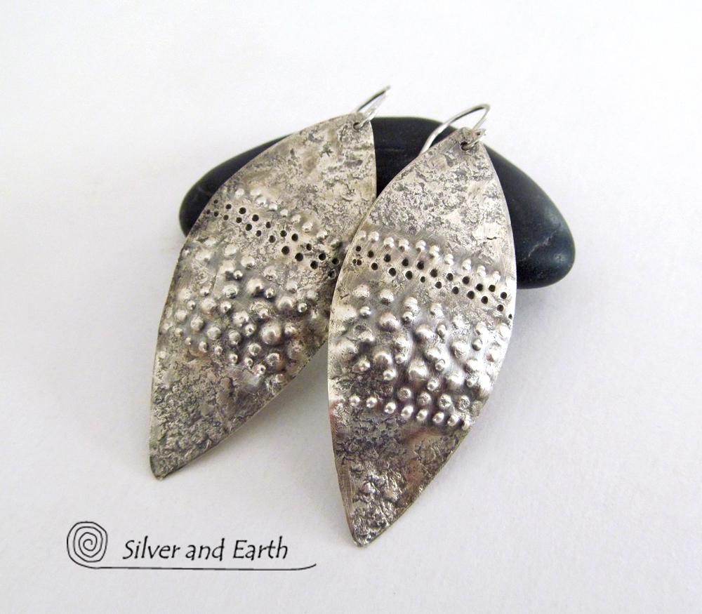 Earthy Organic Sterling Silver Dangle Earrings - Modern Rustic Edgy Jewelry