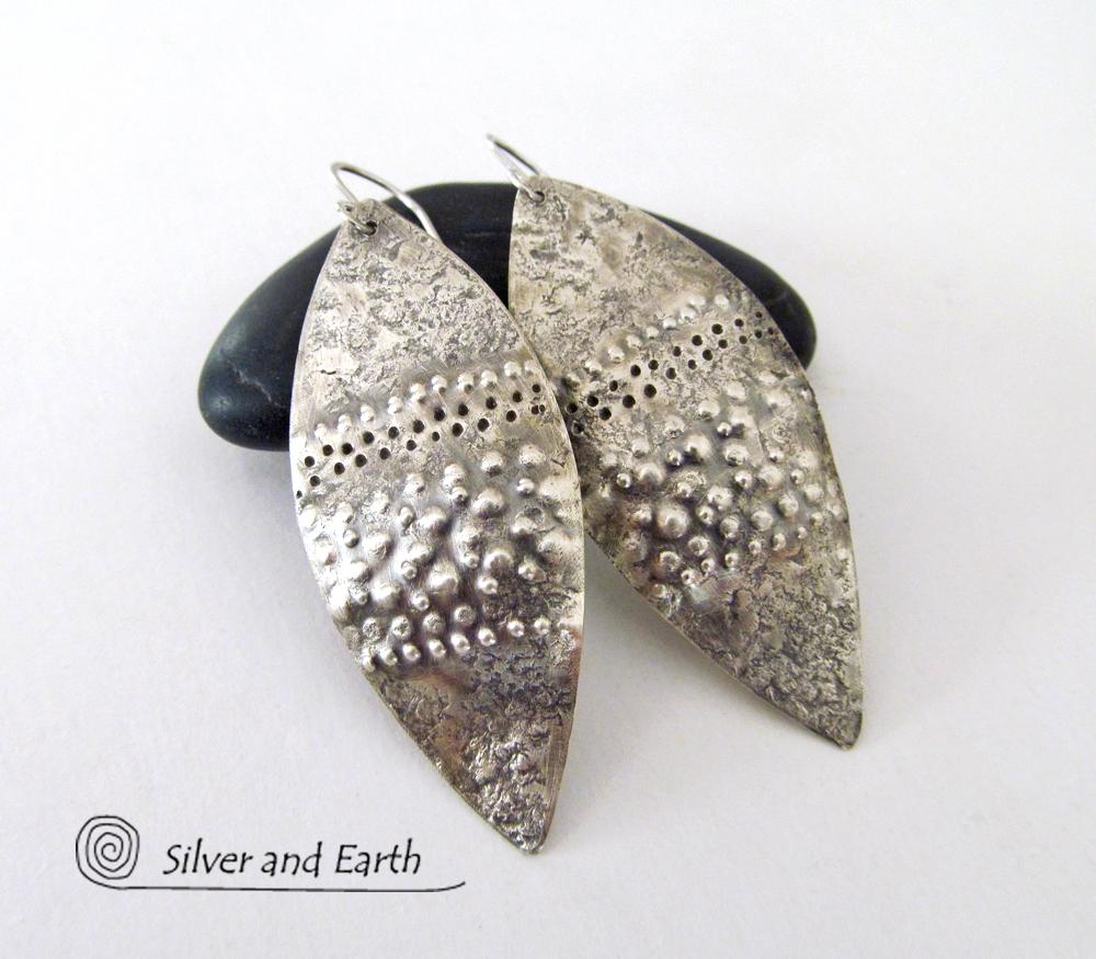 Earthy Organic Sterling Silver Dangle Earrings - Modern Rustic Edgy Jewelry