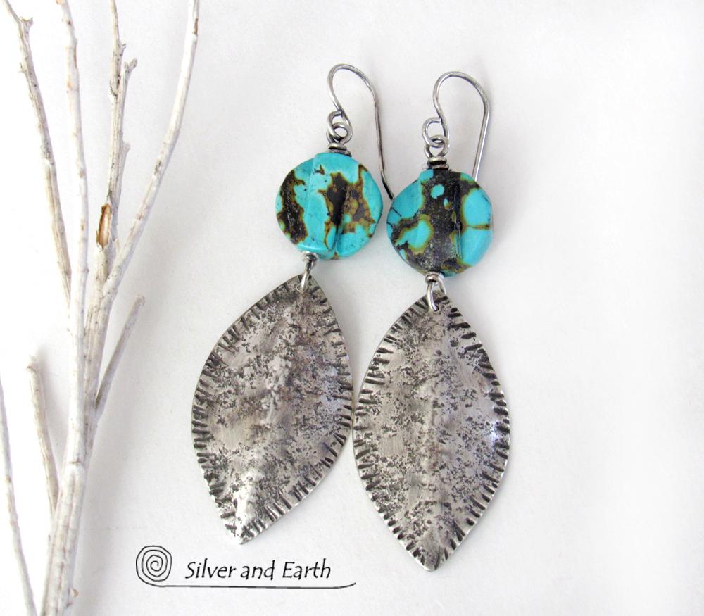 Earthy Organic Sterling Silver Earrings with Natural Turquoise Stones