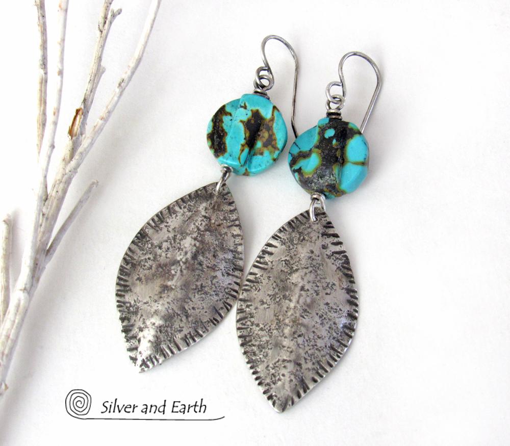 Earthy Organic Sterling Silver Earrings with Natural Turquoise Stones