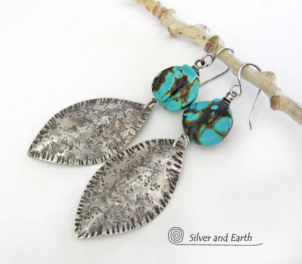 Earthy Organic Sterling Silver Earrings with Natural Turquoise Stones