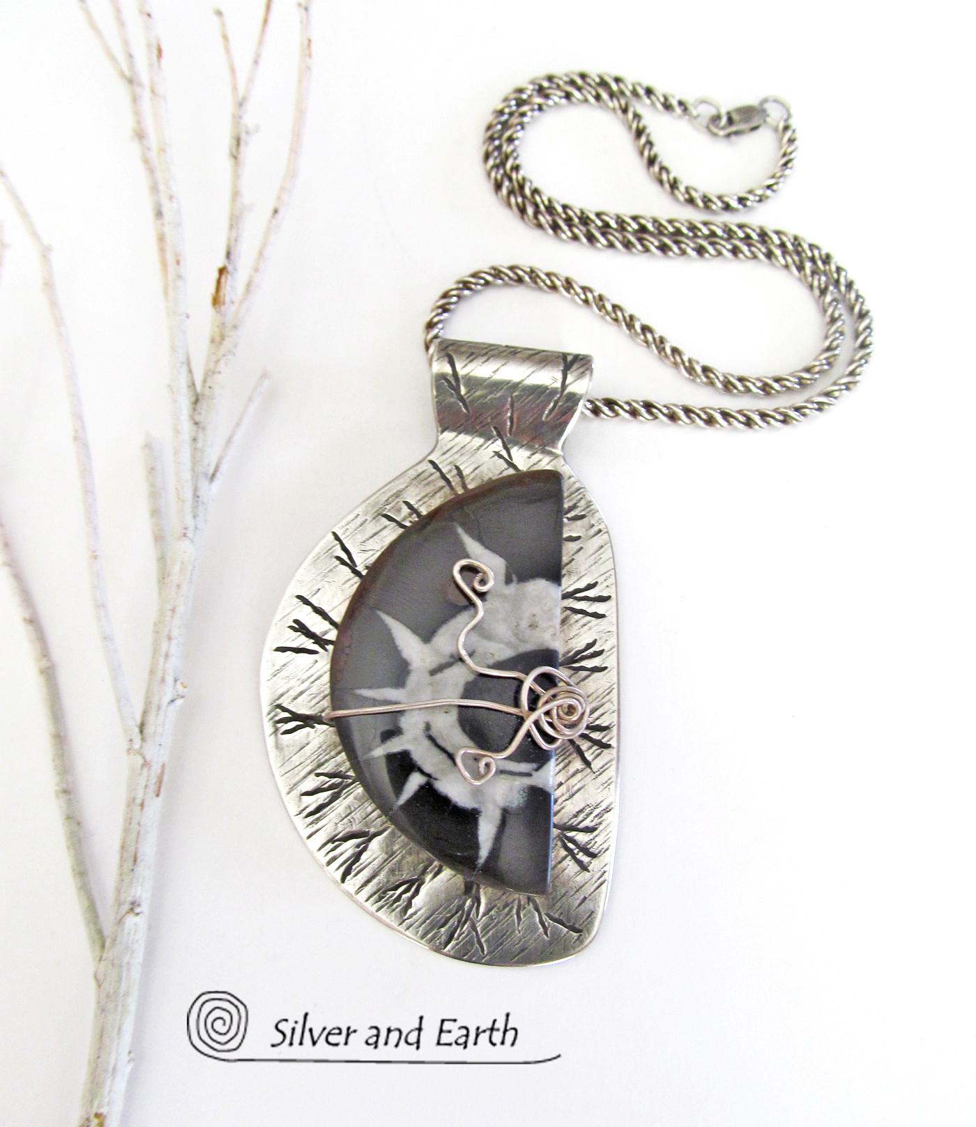 Sterling Silver Necklace with Septarian Fossil Stone - Natural Stone Jewelry