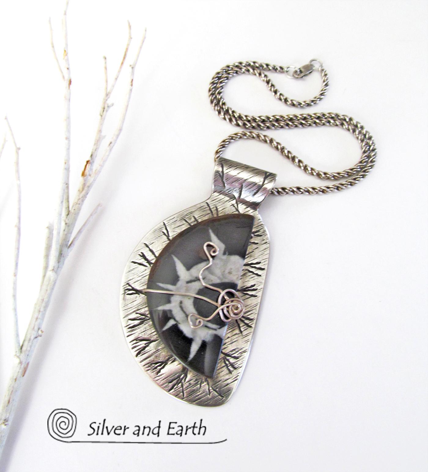 Sterling Silver Necklace with Septarian Fossil Stone - Natural Stone Jewelry