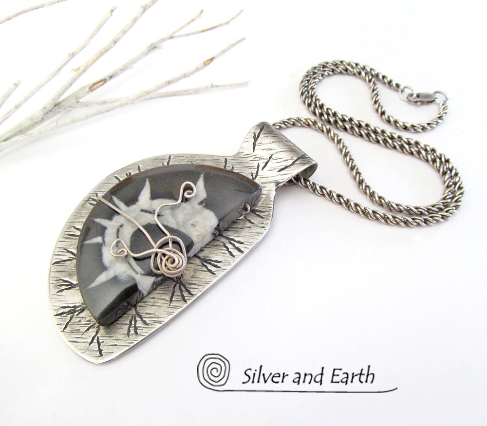 Sterling Silver Necklace with Septarian Fossil Stone - Natural Stone Jewelry