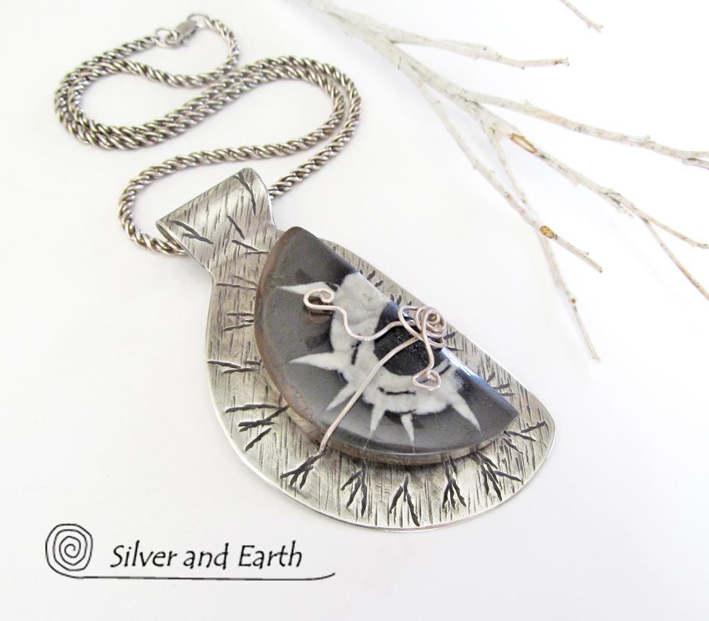 Sterling Silver Necklace with Septarian Fossil Stone - Natural Stone Jewelry