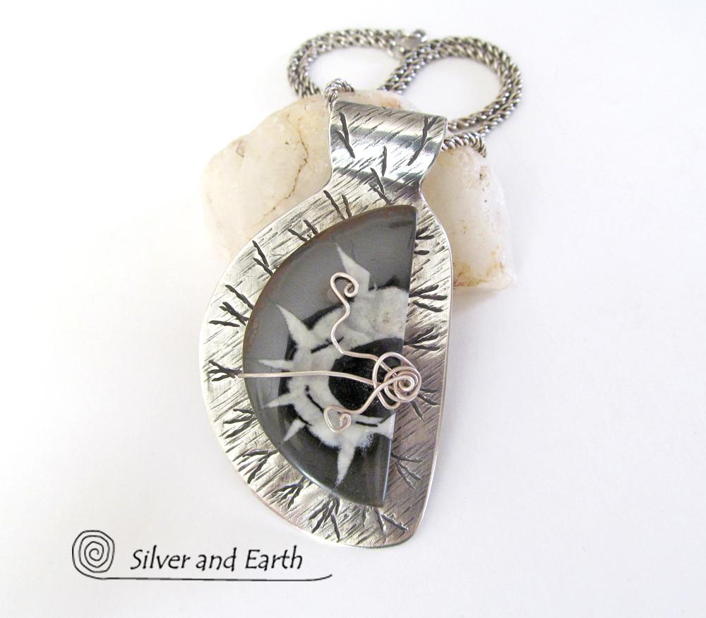 Sterling Silver Necklace with Septarian Fossil Stone - Natural Stone Jewelry