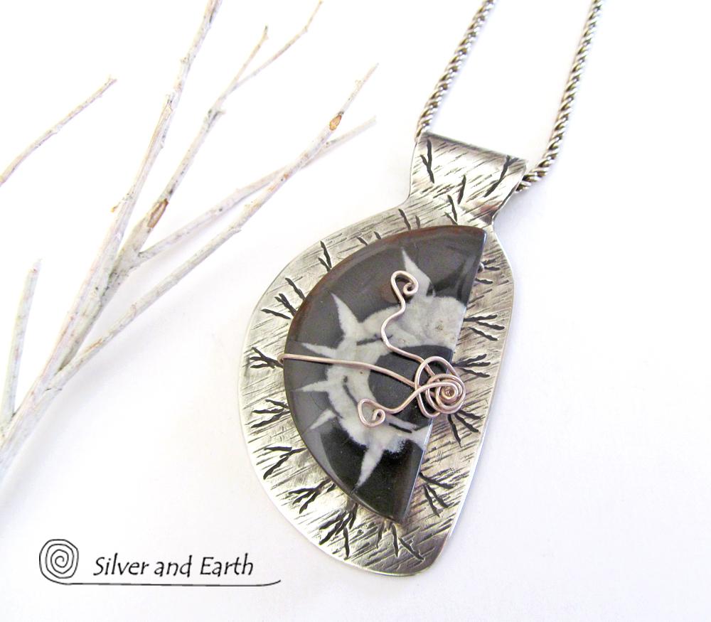 Sterling Silver Necklace with Septarian Fossil Stone - Natural Stone Jewelry