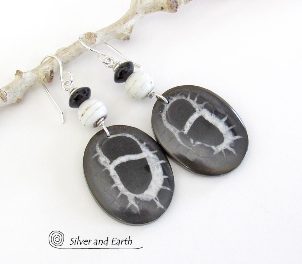 Septarian Fossil Stone Earrings - Ancient Natural Fossil Jewelry