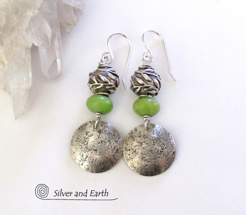 Sterling Silver Earrings with Green Serpentine Stones & Leaf Beads