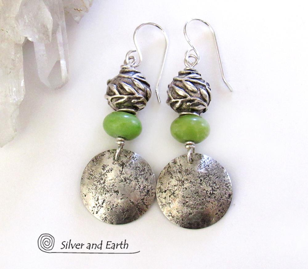 Sterling Silver Earrings with Green Serpentine Stones & Leaf Beads