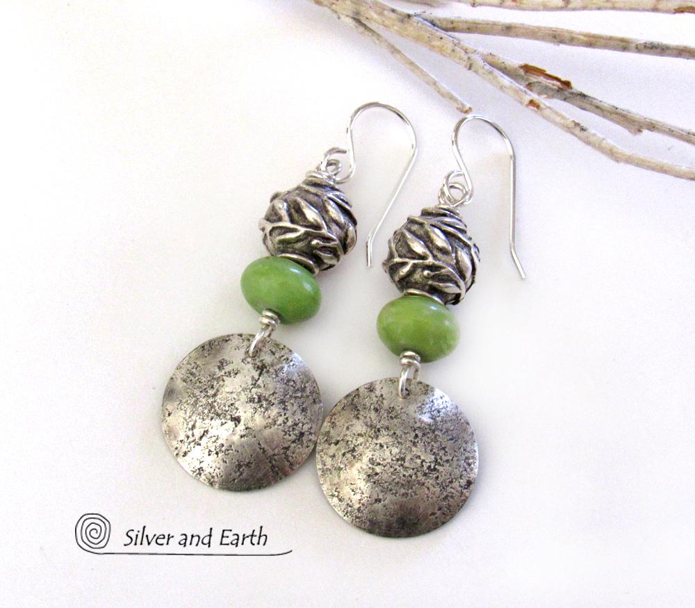 Sterling Silver Earrings with Green Serpentine Stones & Leaf Beads
