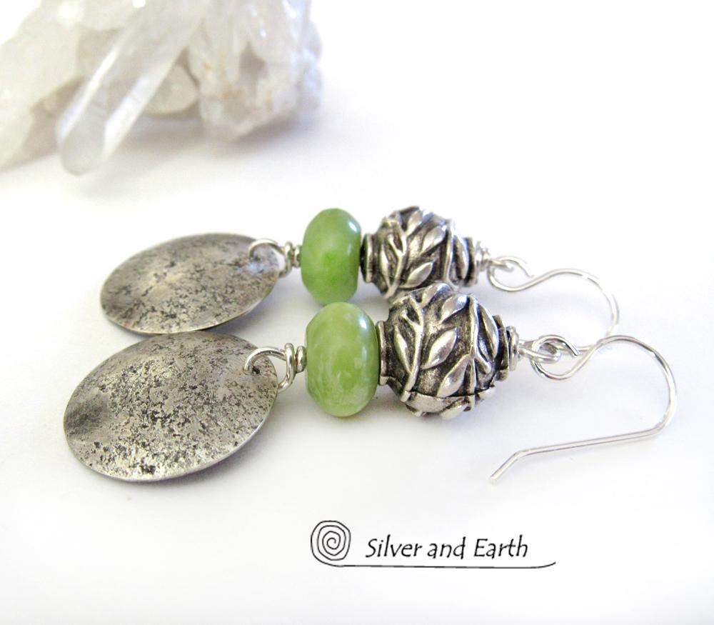 Sterling Silver Earrings with Green Serpentine Stones & Leaf Beads