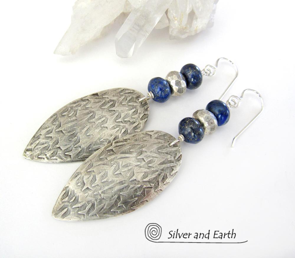 Sterling Silver Earrings with Blue Lapis & Pyrite Gemstones - Modern Jewelry