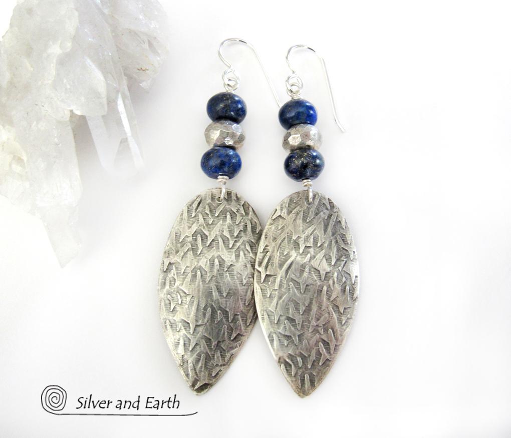 Sterling Silver Earrings with Blue Lapis & Pyrite Gemstones - Modern Jewelry