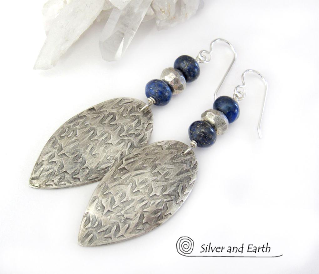 Sterling Silver Earrings with Blue Lapis & Pyrite Gemstones - Modern Jewelry